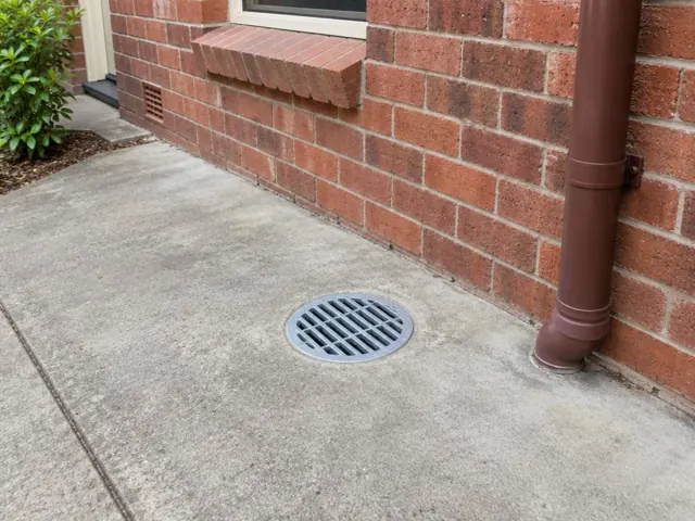 Dry outdoor drain grate in concrete paving beside a brick house wall in West Ryde