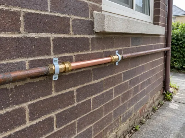 Repaired copper water pipe mounted on a brick exterior wall below a window in Ryde